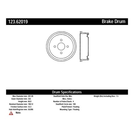 Centric Parts Standard Brake Drum, 123.62019 123.62019